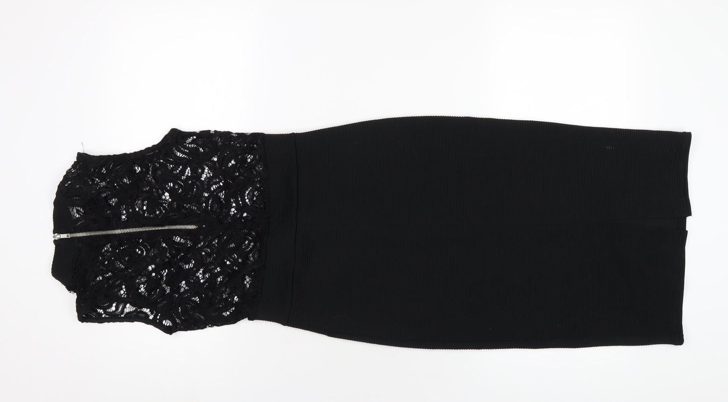Quiz Womens Black Nylon Bodycon Size 8 Mock Neck Zip