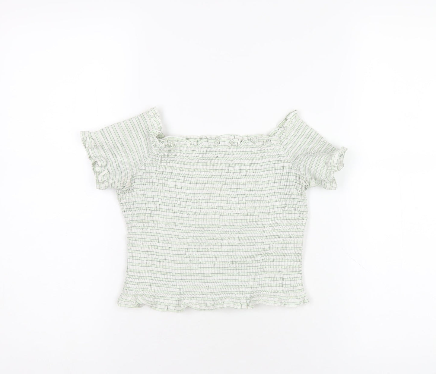 Zara Womens Green Striped Cotton Cropped T-Shirt Size S Off the Shoulder