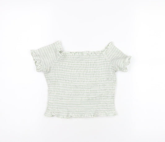 Zara Womens Green Striped Cotton Cropped T-Shirt Size S Off the Shoulder