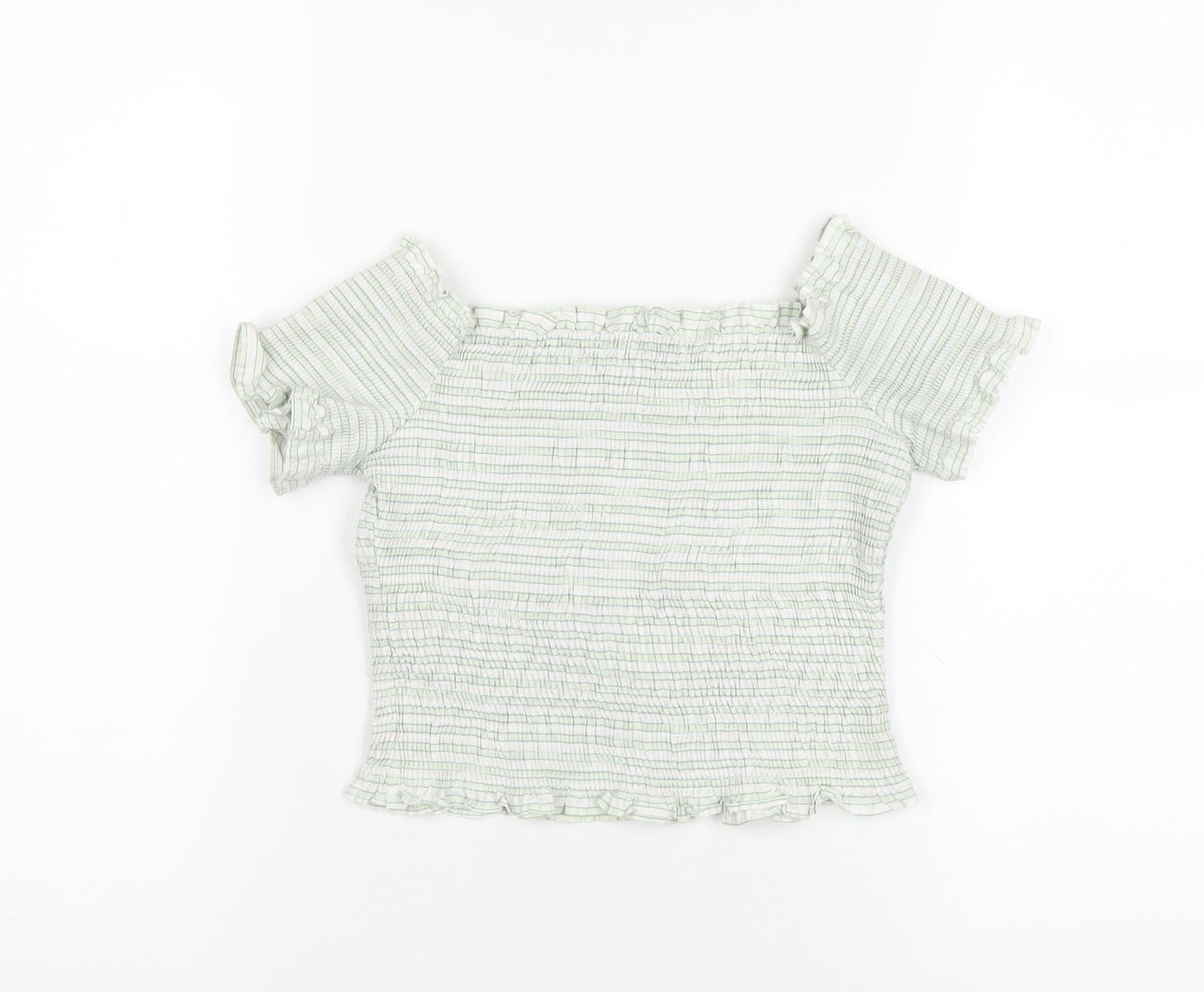 Zara Womens Green Striped Cotton Cropped T-Shirt Size S Off the Shoulder