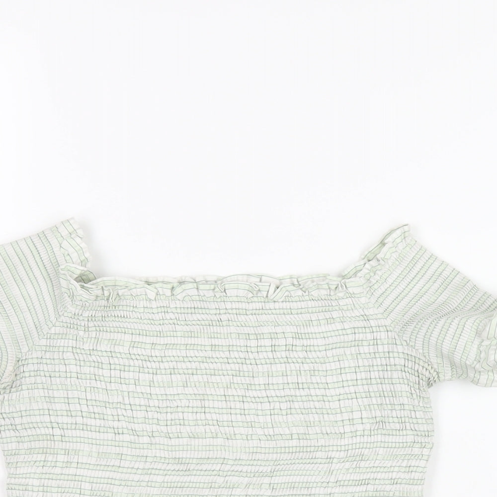 Zara Womens Green Striped Cotton Cropped T-Shirt Size S Off the Shoulder