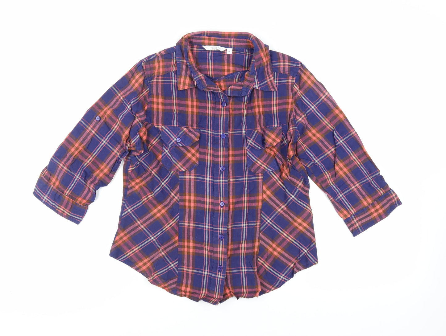 New Look Womens Blue Plaid Camel Basic Button-Up Size 14 Collared