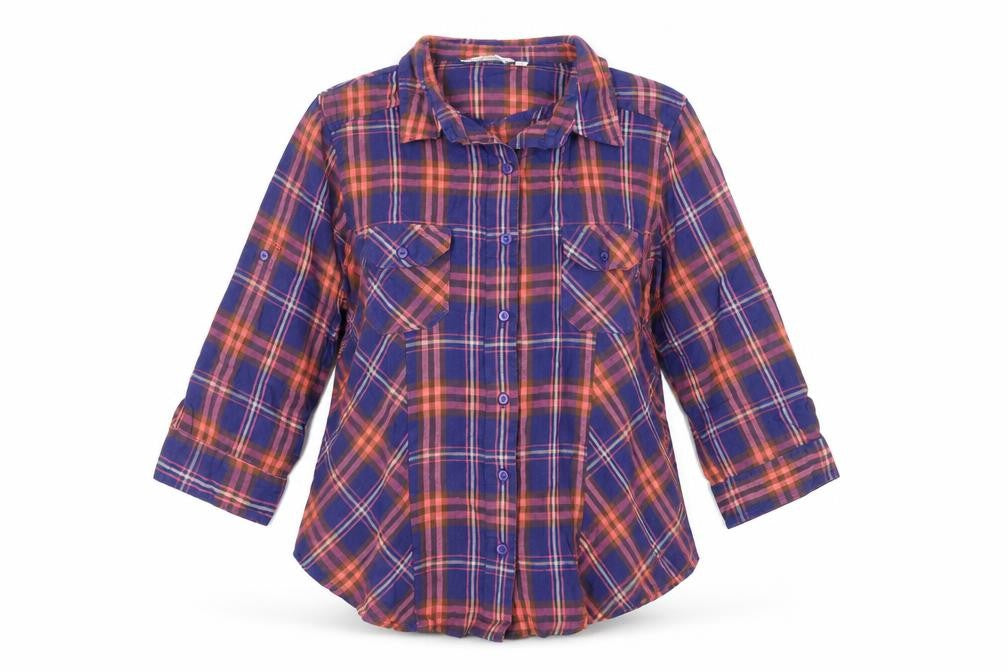 New Look Womens Blue Plaid Camel Basic Button-Up Size 14 Collared