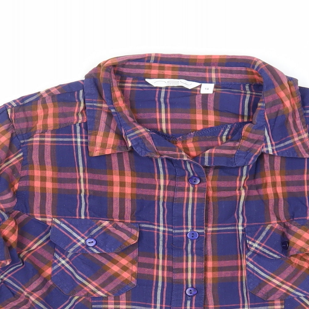 New Look Womens Blue Plaid Camel Basic Button-Up Size 14 Collared