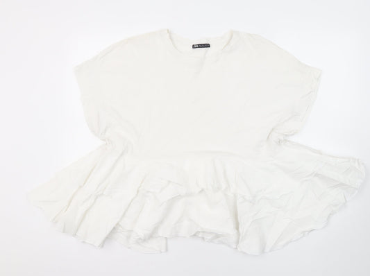 Zara Womens White 100% Cotton Tunic Blouse Size M Round Neck