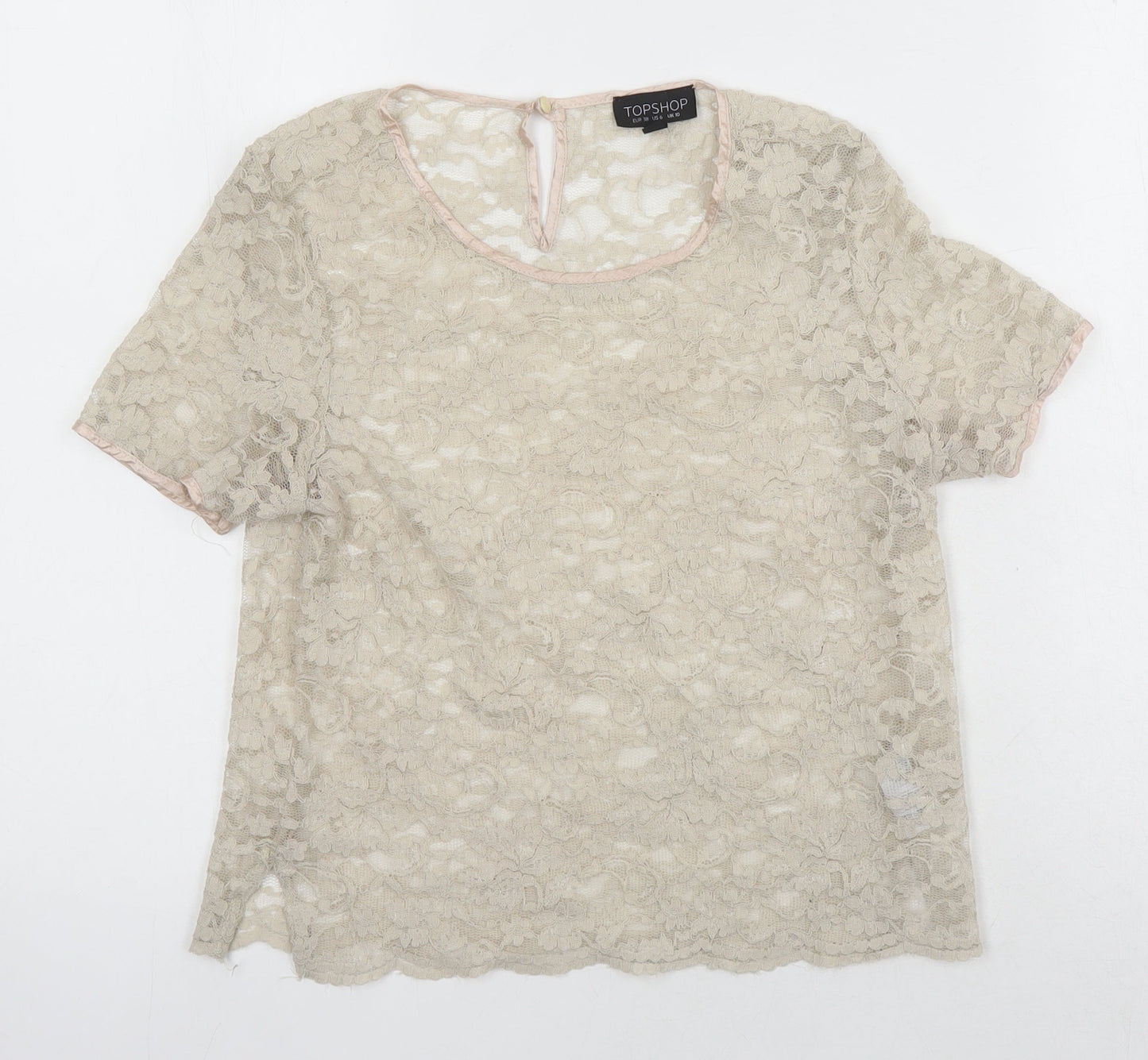Topshop Womens Beige Nylon Cropped Blouse Size 10 Round Neck