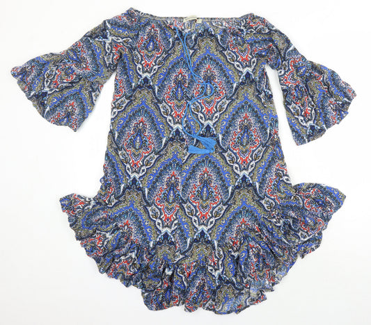 Vale Woman Womens Multicoloured Geometric Viscose Tunic Blouse Size S Round Neck