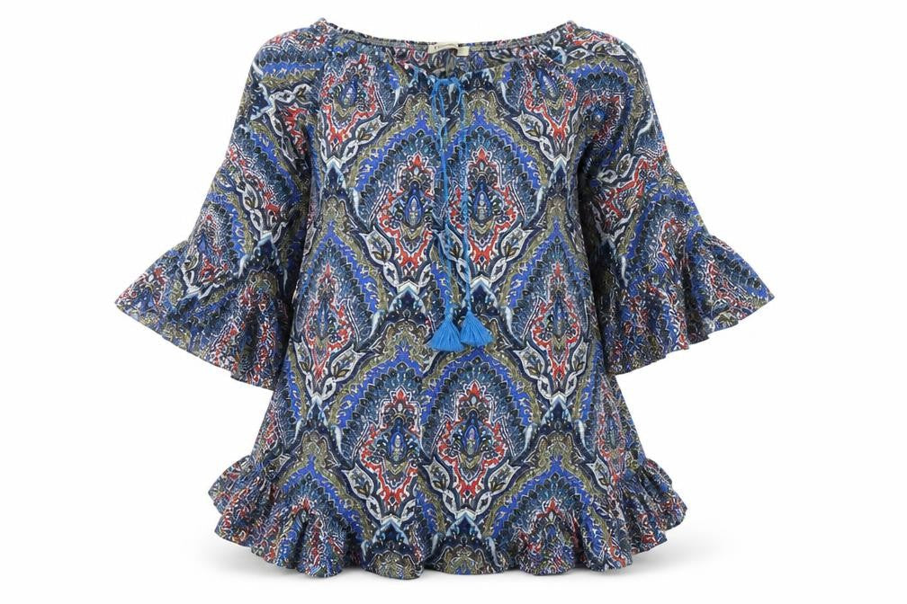 Vale Woman Womens Multicoloured Geometric Viscose Tunic Blouse Size S Round Neck