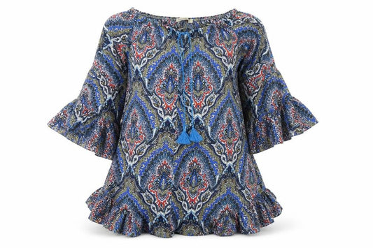 Vale Woman Womens Multicoloured Geometric Viscose Tunic Blouse Size S Round Neck