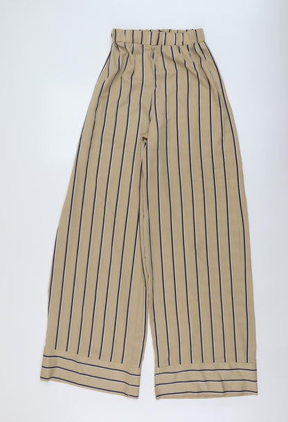 Additional front view of Missguided women’s beige striped polyester trousers, size UK 6, 31-inch leg regular