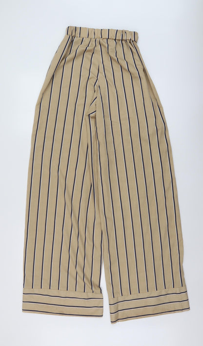 Back view of Missguided women’s beige striped polyester trousers, size UK 6, 31-inch leg regular
