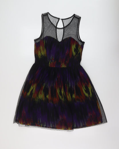 Additional front view of Be Beau women’s multicoloured geometric polyester a-line, size UK 12, round neck zip