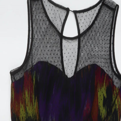 Close-up detail of Be Beau women’s multicoloured geometric polyester a-line, size UK 12, round neck zip