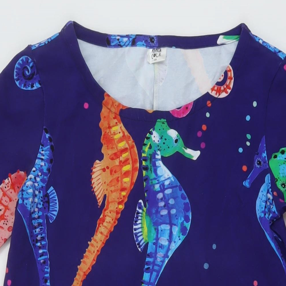 Karla Cola Womens Blue Geometric Polyester A-Line Size XS Round Neck Pullover