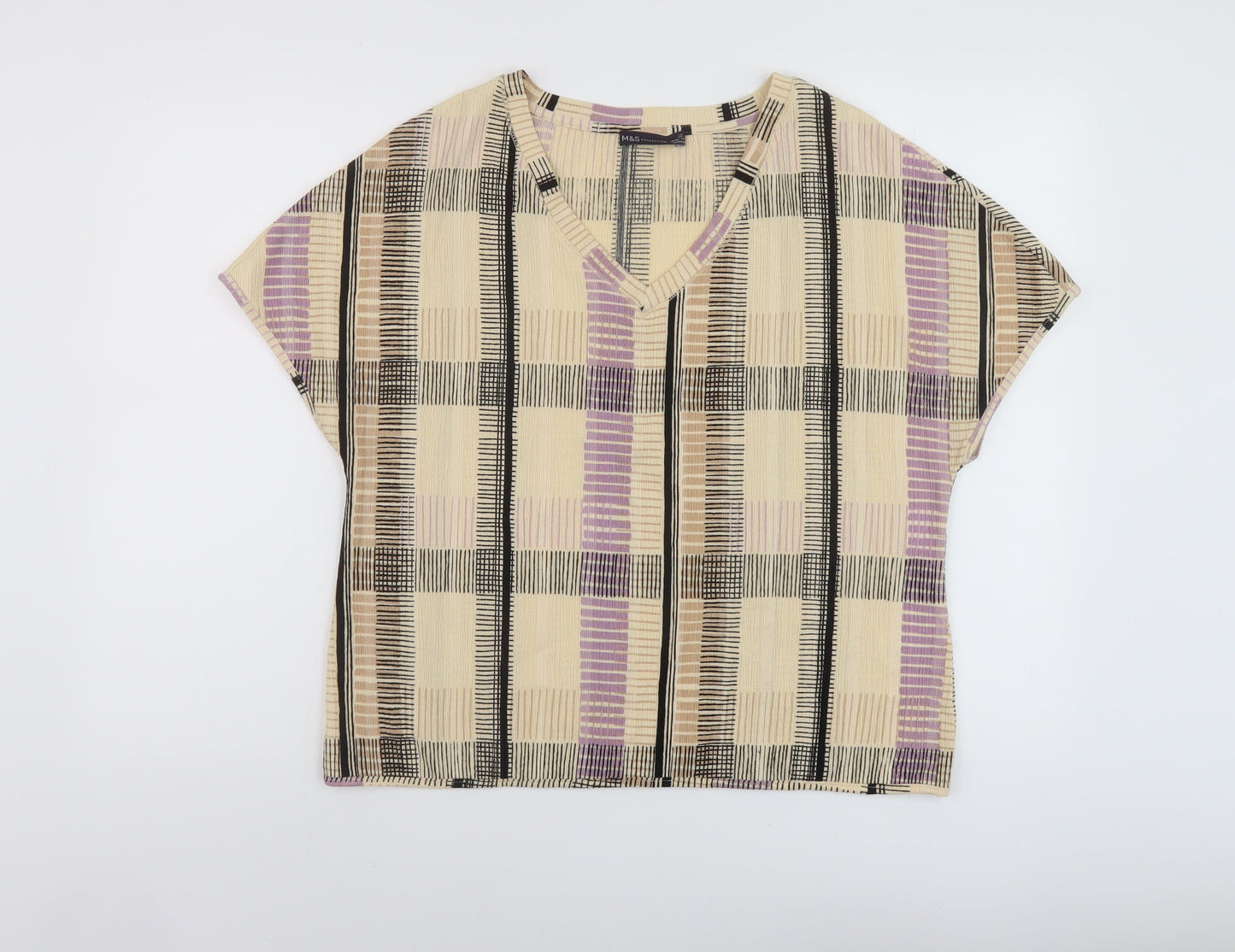 Marks and Spencer Womens Beige Plaid Polyester Basic T-Shirt Size 12 V-Neck