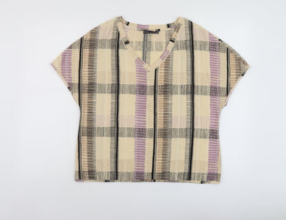 Marks & Spencer Womens Beige Plaid Polyester Basic T-Shirt Size 12 V-Neck