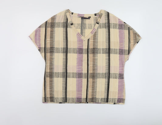 Marks and Spencer Womens Beige Plaid Polyester Basic T-Shirt Size 12 V-Neck