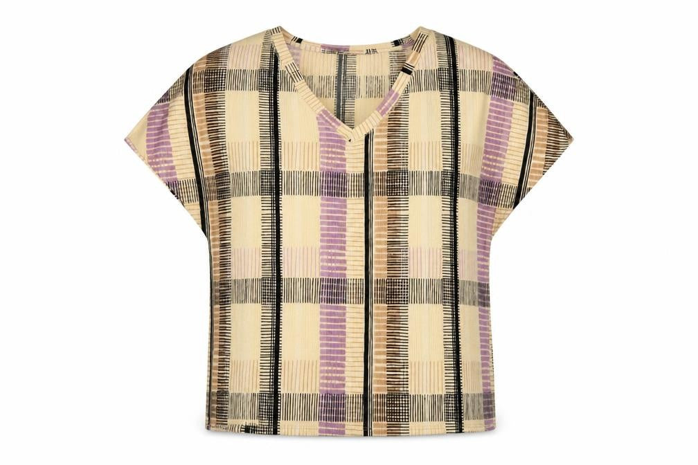 Marks & Spencer Womens Beige Plaid Polyester Basic T-Shirt Size 12 V-Neck