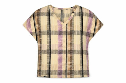Marks & Spencer Womens Beige Plaid Polyester Basic T-Shirt Size 12 V-Neck