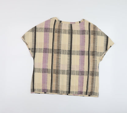Marks & Spencer Womens Beige Plaid Polyester Basic T-Shirt Size 12 V-Neck