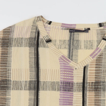 Marks & Spencer Womens Beige Plaid Polyester Basic T-Shirt Size 12 V-Neck