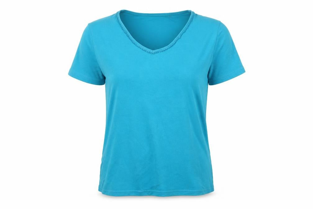 EWM Womens Blue Cotton Basic T-Shirt Size 14 V-Neck - Embroidered