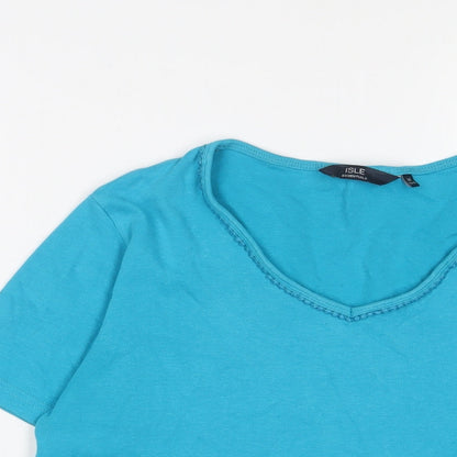 EWM Womens Blue Cotton Basic T-Shirt Size 14 V-Neck - Embroidered