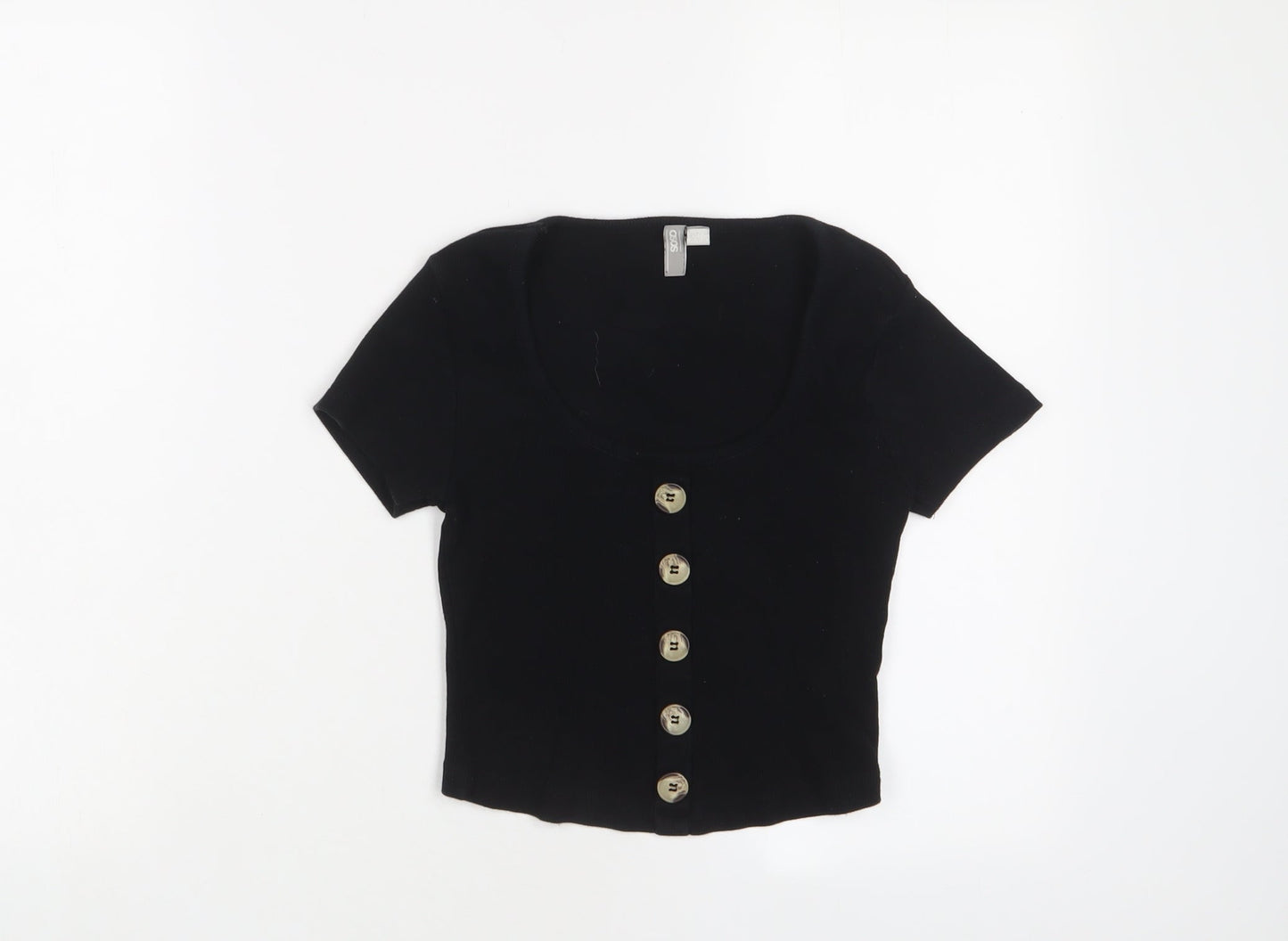 ASOS Womens Black Cotton Basic T-Shirt Size 8 Scoop Neck - Buttons