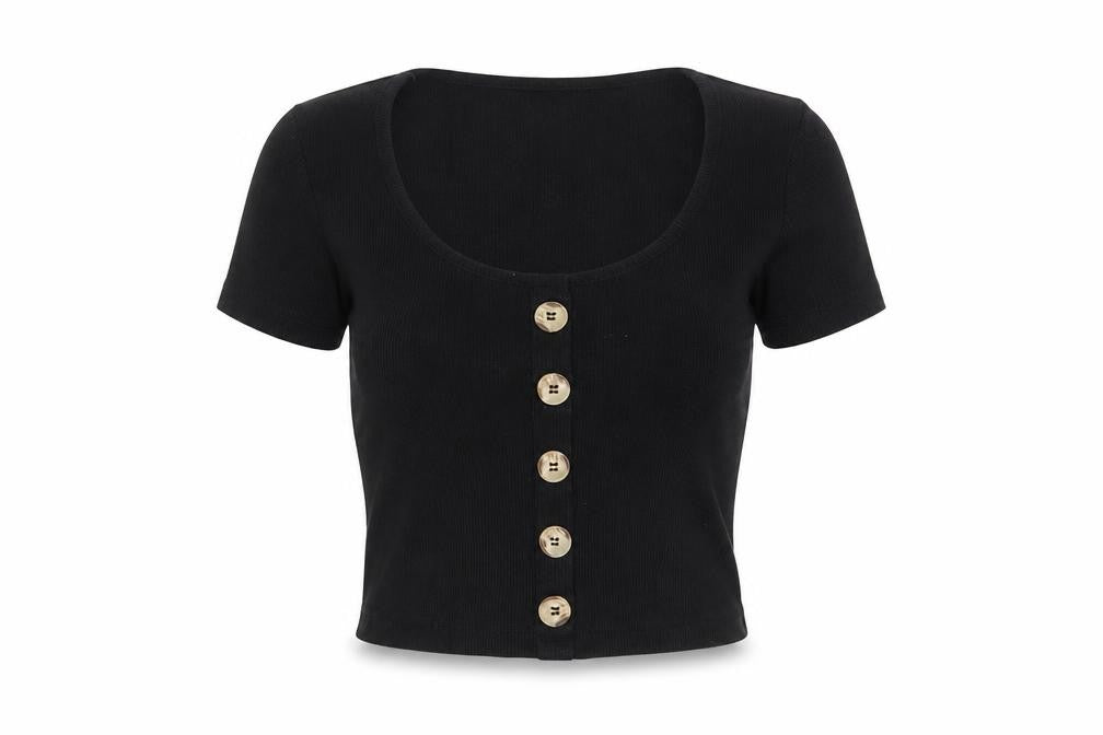 ASOS Womens Black Cotton Basic T-Shirt Size 8 Scoop Neck - Buttons