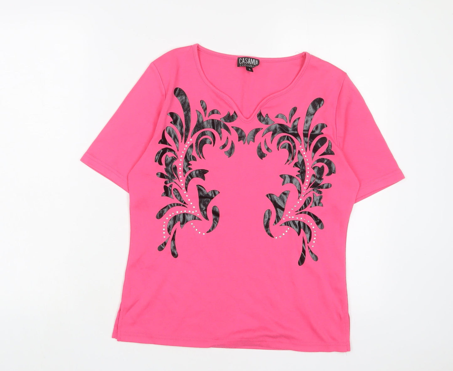 Casamia Womens Pink Polyester Basic T-Shirt Size S V-Neck
