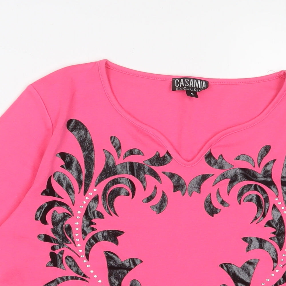 Casamia Womens Pink Polyester Basic T-Shirt Size S V-Neck