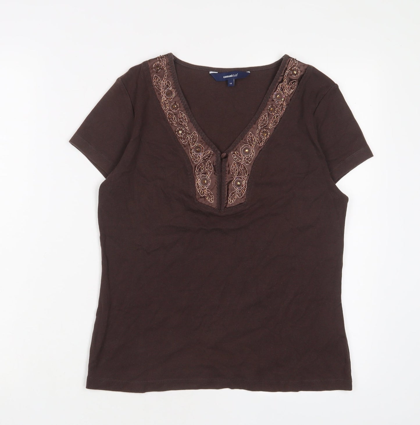 Casual Club Womens Brown Cotton Basic T-Shirt Size 14 V-Neck - Beaded, Sequins