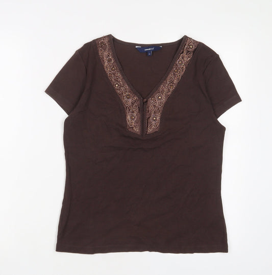 Casual Club Womens Brown Cotton Basic T-Shirt Size 14 V-Neck - Beaded, Sequins