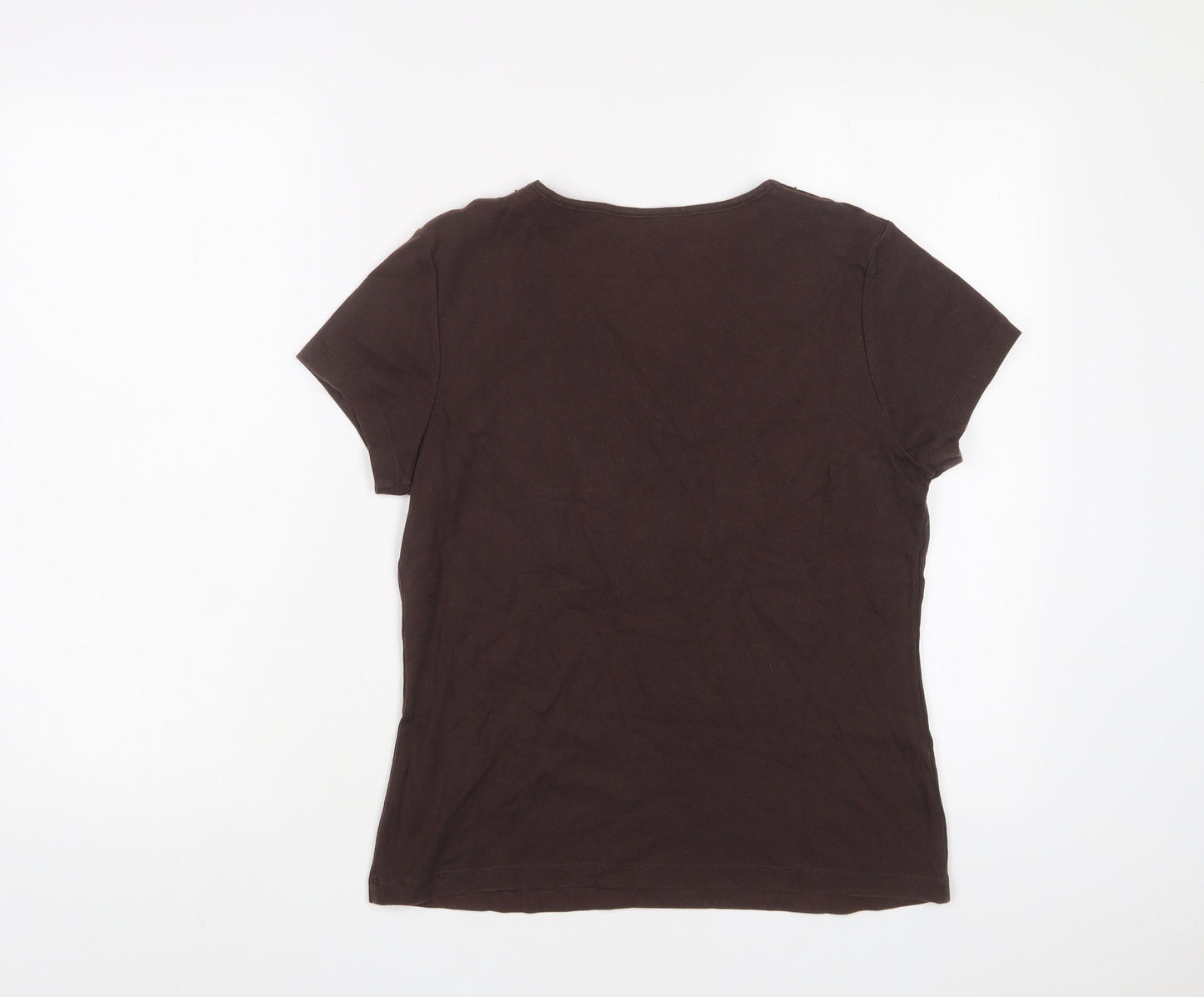 Casual Club Womens Brown Cotton Basic T-Shirt Size 14 V-Neck - Beaded, Sequins