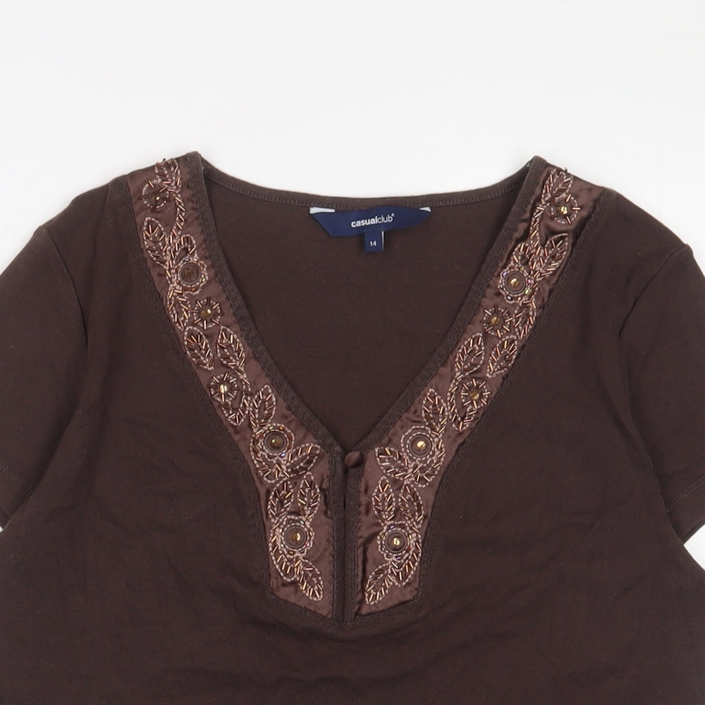 Casual Club Womens Brown Cotton Basic T-Shirt Size 14 V-Neck - Beaded, Sequins