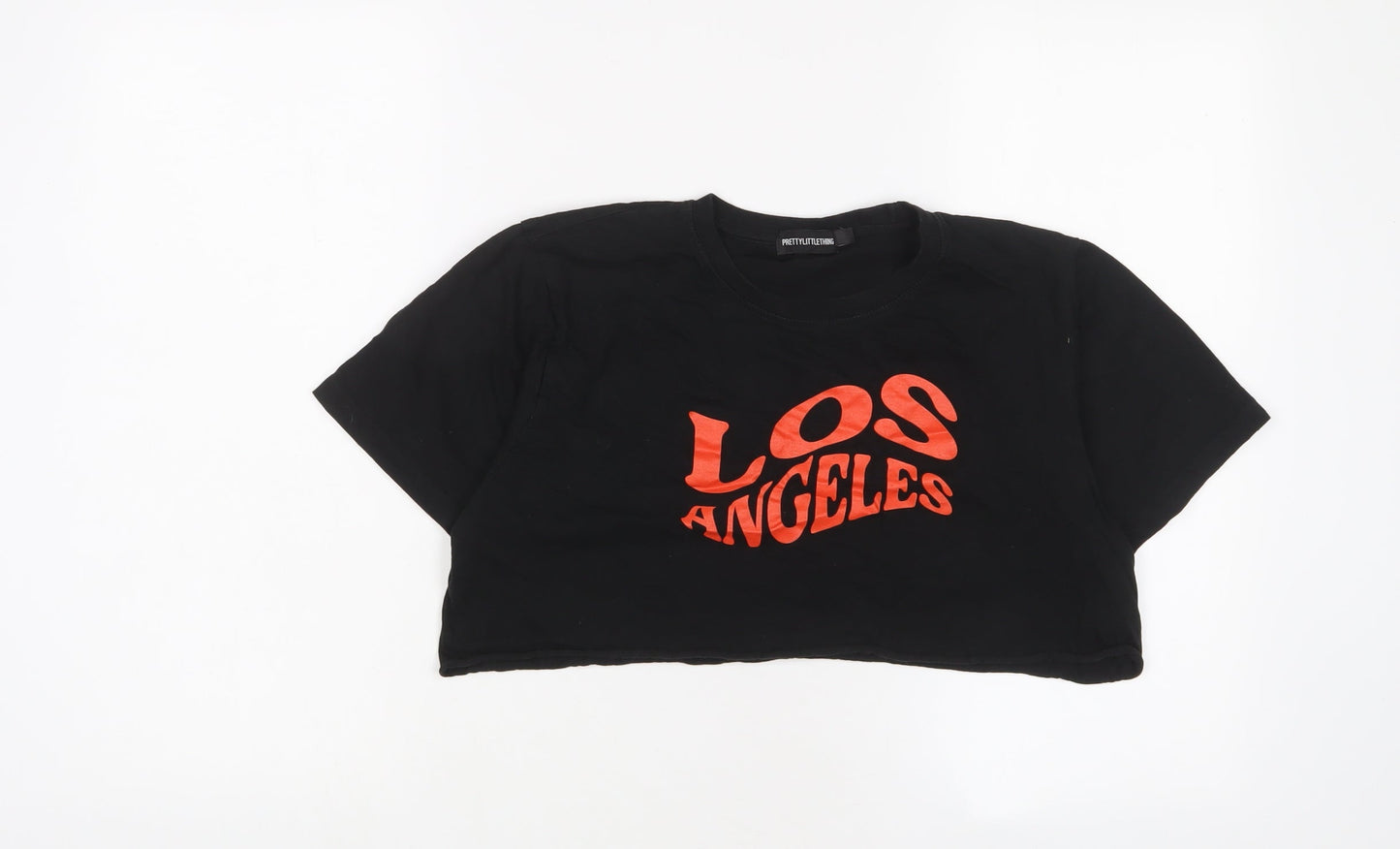 PRETTYLITTLETHING Womens Black Cotton Cropped T-Shirt Size S Crew Neck - Los Angeles