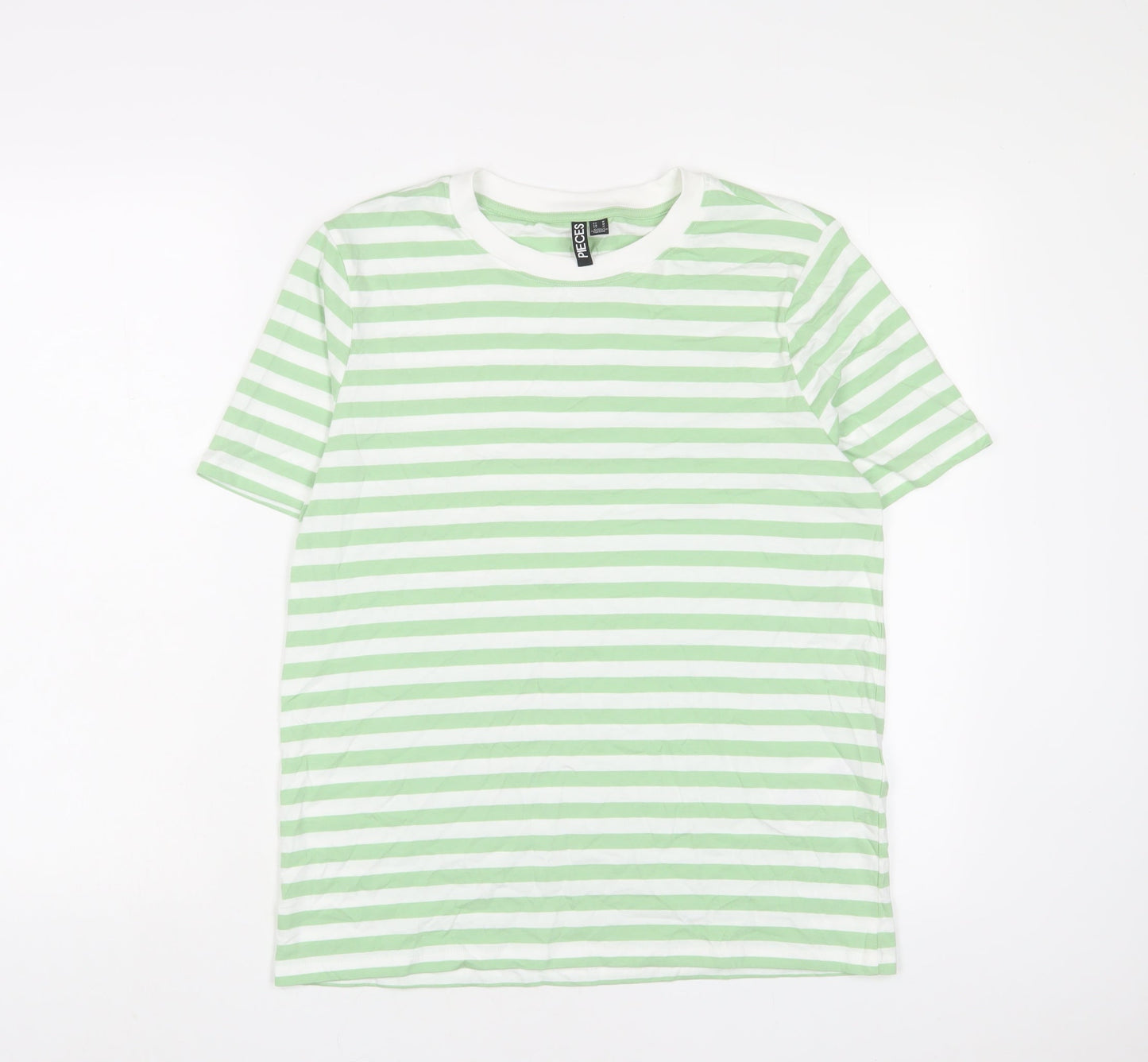 Pieces Womens Green Striped Cotton Basic T-Shirt Size M Crew Neck
