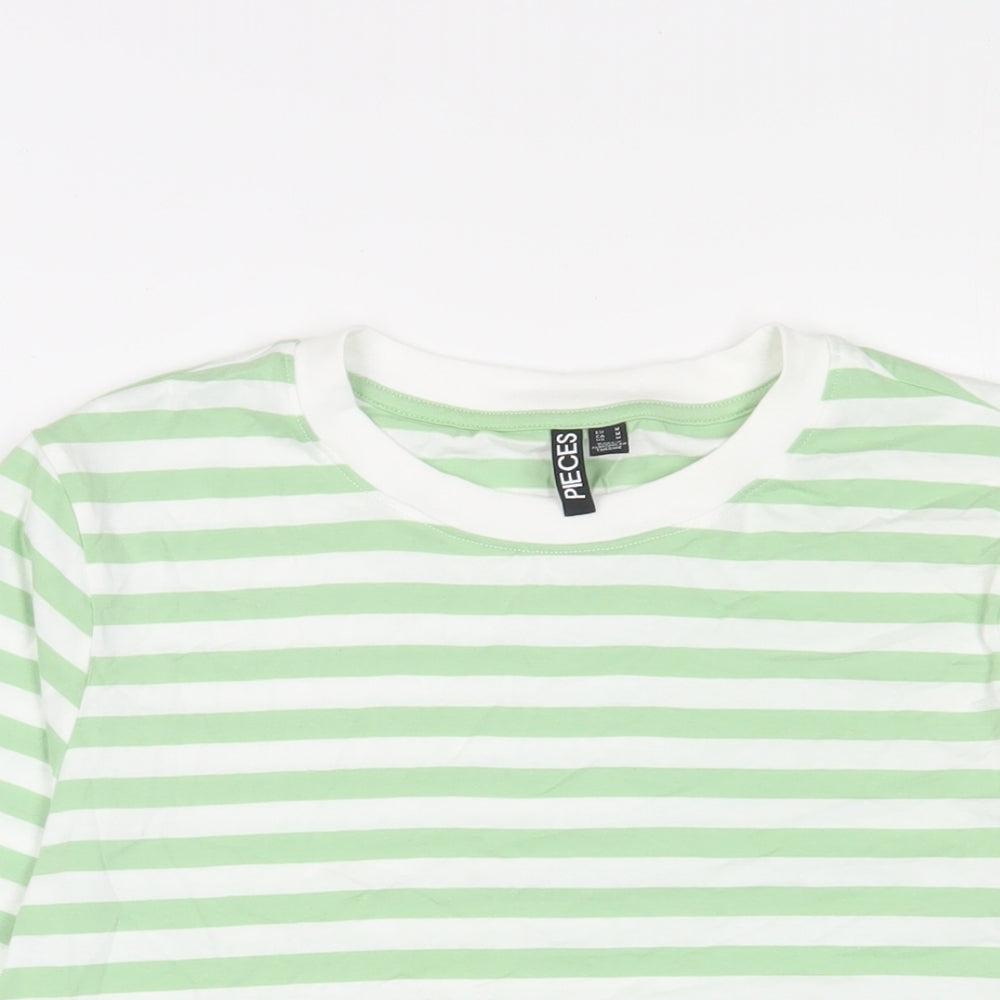 Pieces Womens Green Striped Cotton Basic T-Shirt Size M Crew Neck