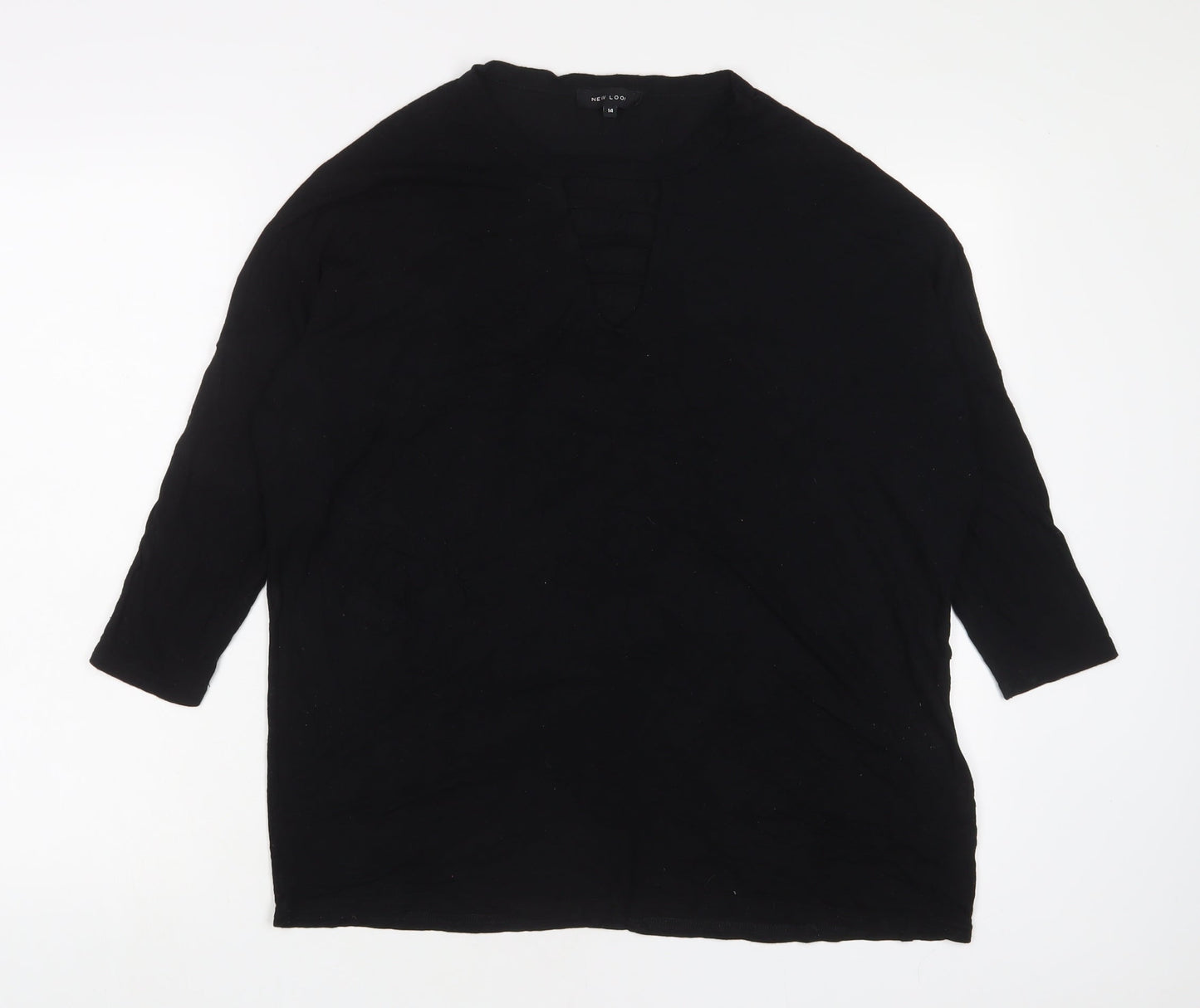 New Look Womens Black Viscose Basic T-Shirt Size 14 V-Neck - Keyhole neck