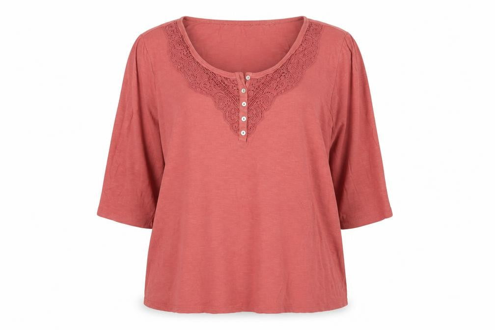 Bonmarché Womens Pink Cotton Basic T-Shirt Size 24 V-Neck - Embroidered