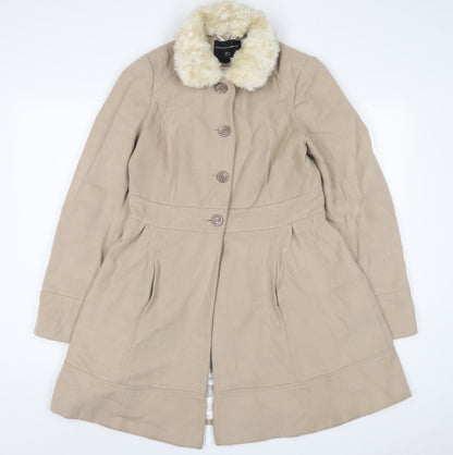 Additional front view of Dorothy Perkins women’s beige overcoat coat, size UK 12, button