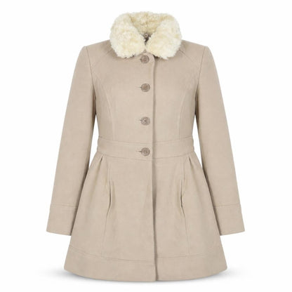 Front view of Dorothy Perkins women’s beige overcoat coat, size UK 12, button