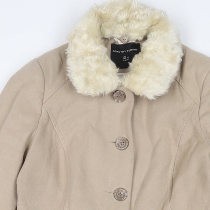 Close-up detail of Dorothy Perkins women’s beige overcoat coat, size UK 12, button