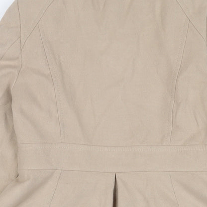 Brand and care label for Dorothy Perkins women’s beige overcoat coat, size UK 12, button