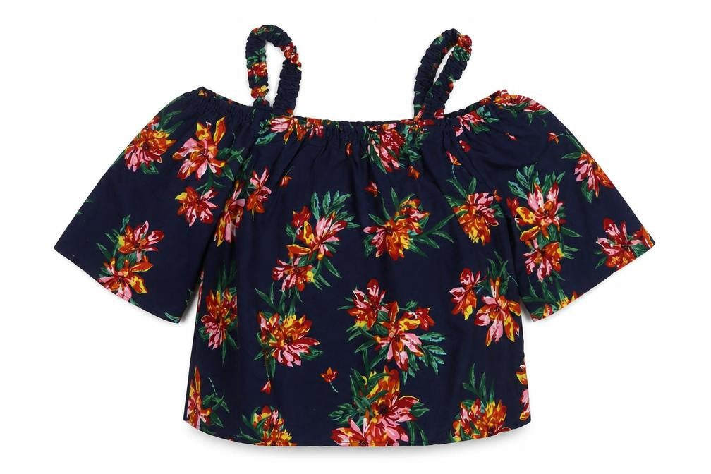 Brave Soul Womens Blue Floral Polyester Basic Blouse Size L Off the Shoulder - Cold Shoulder