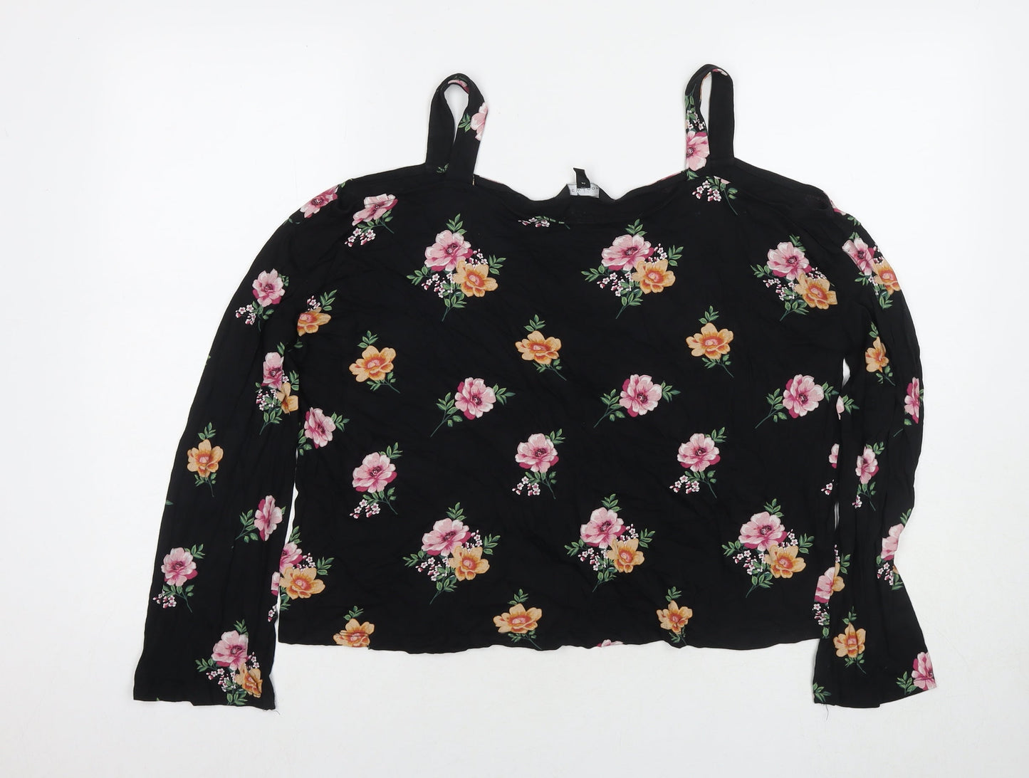 New Look Womens Black Floral Viscose Basic Blouse Size 14 Off the Shoulder - Cold Shoulder