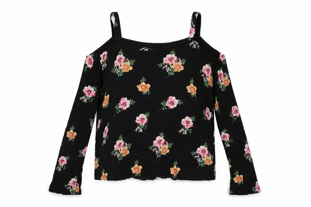 New Look Womens Black Floral Viscose Basic Blouse Size 14 Off the Shoulder - Cold Shoulder