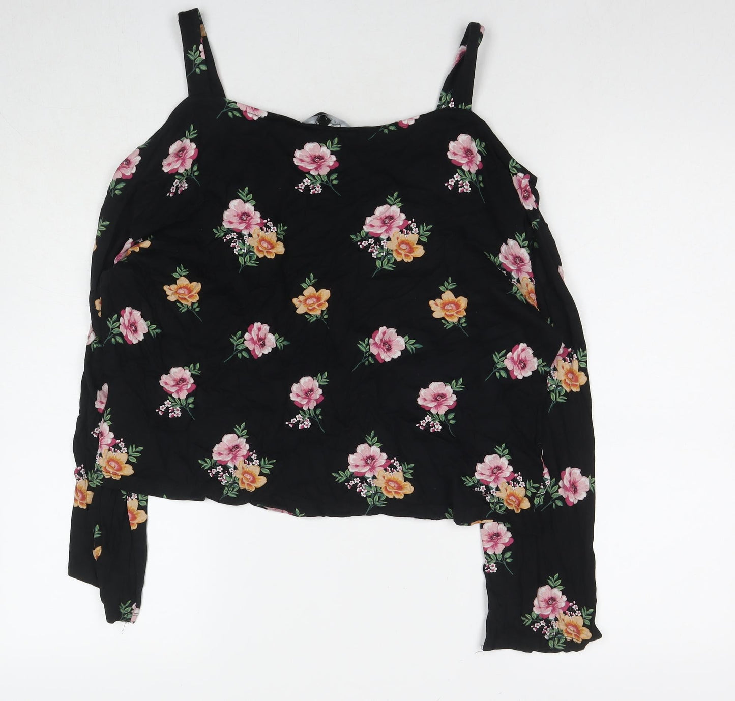New Look Womens Black Floral Viscose Basic Blouse Size 14 Off the Shoulder - Cold Shoulder