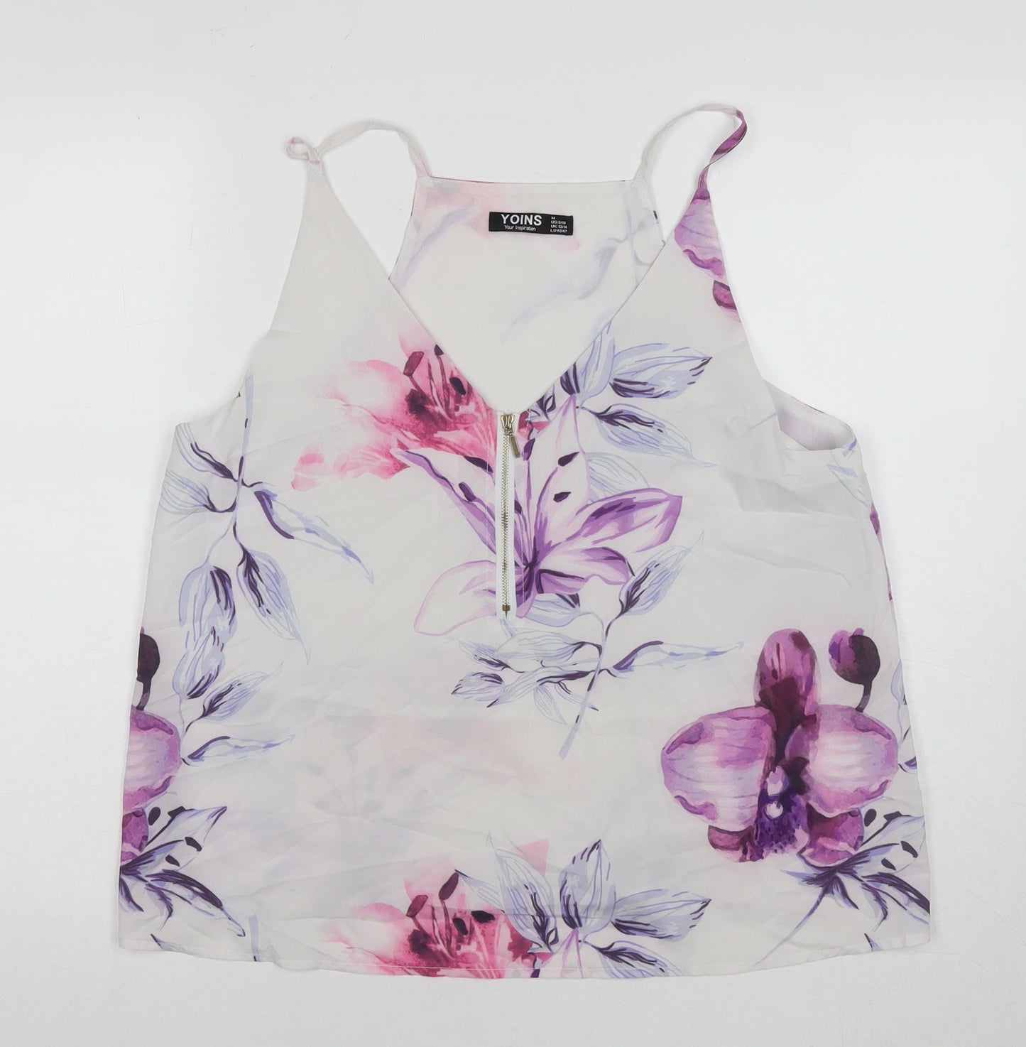Yoins Womens White Floral Polyester Basic Tank Size 12 Round Neck