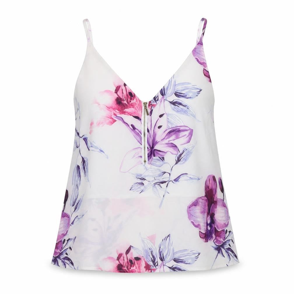 Yoins Womens White Floral Polyester Basic Tank Size 12 Round Neck
